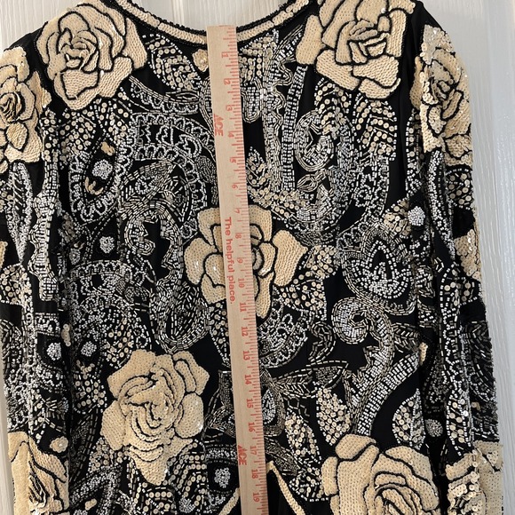 Vintage 90s Black Tie Gown Women's 6 Black Ivory Sequin Beaded Chiffon Formal - Picture 10 of 10